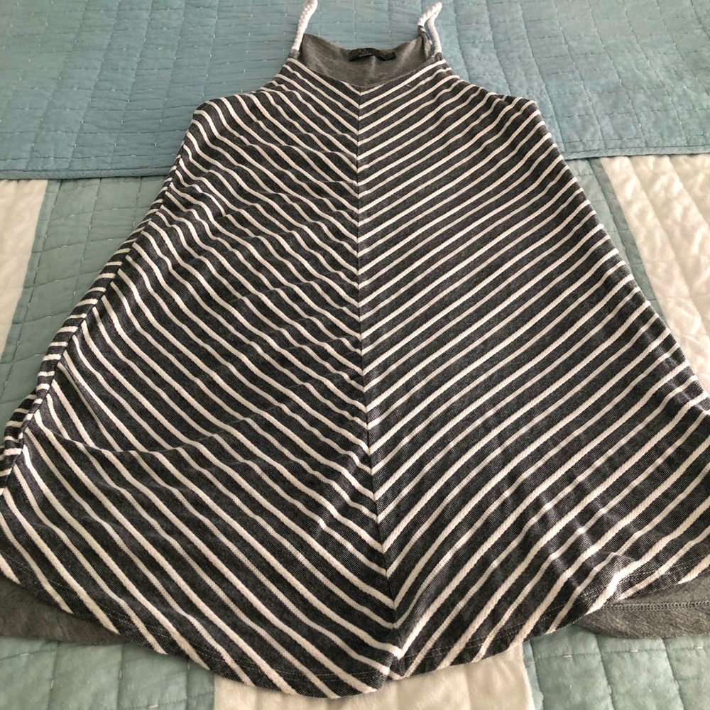 Prana. A most comfortable dress with rope straps, gray and white, and cotton.